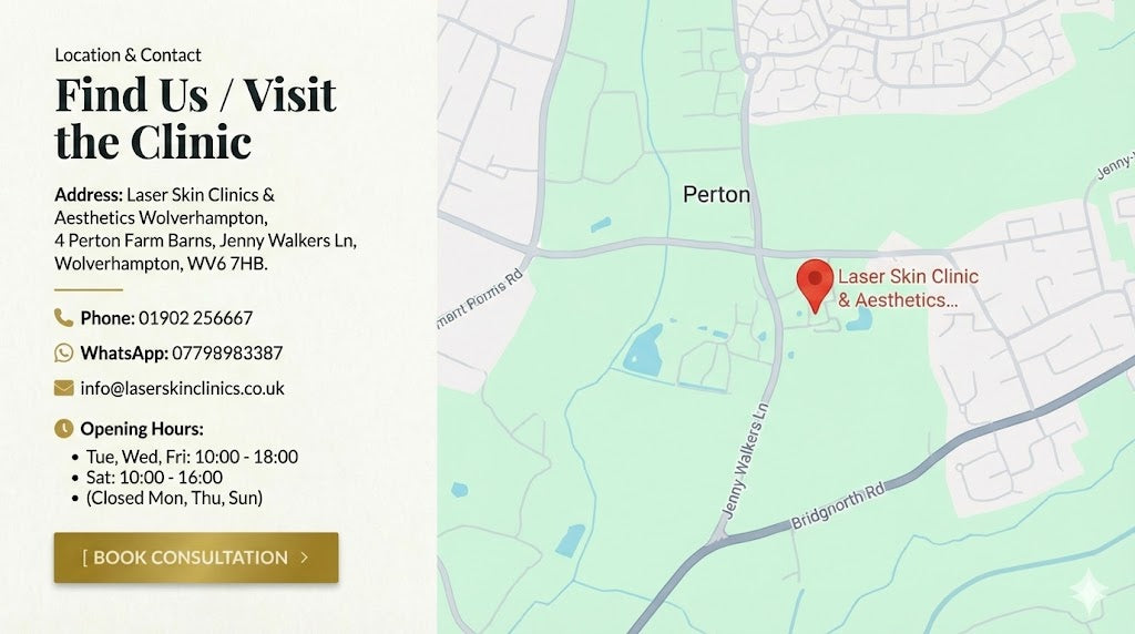 Map with location of Laser Skin Clinic & Aesthetics and contact information.