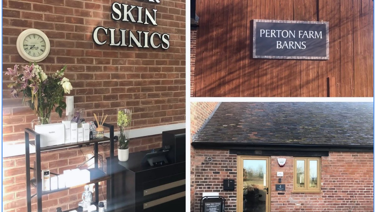 Laser Skin Clinics at Perton Farm Barns, Wolverhampton: the clinic sign, the Perton Farm Barns sign and the barn entrance